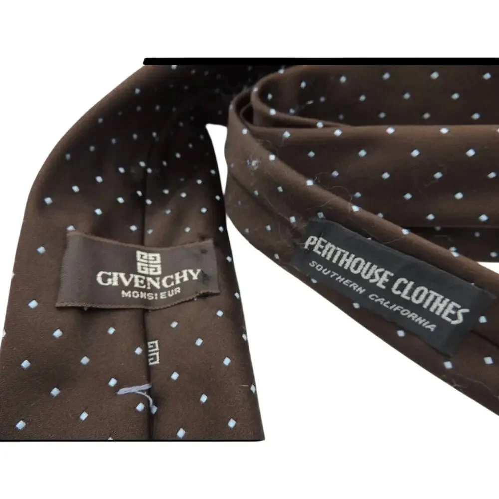 Vintage Givenchy Silk Tie Dark Brown White Micro Dot Monogram